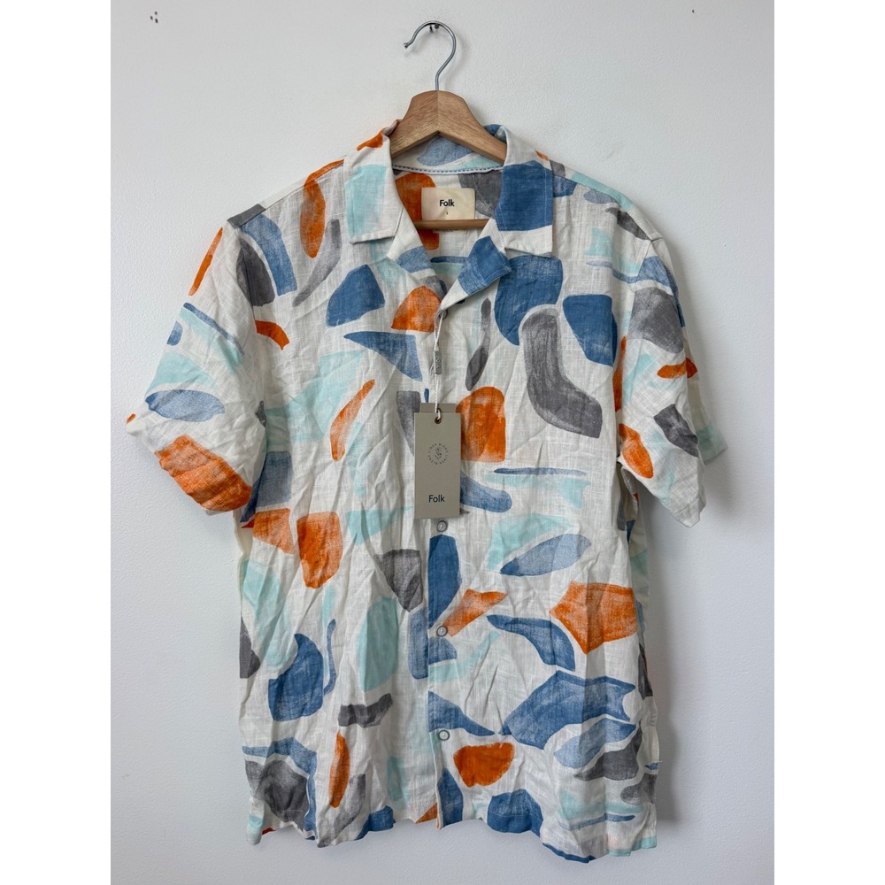 Folk Men's PALCONT Short Sleeve Shirt – Abstract Print Linen Blend Large – NWT
